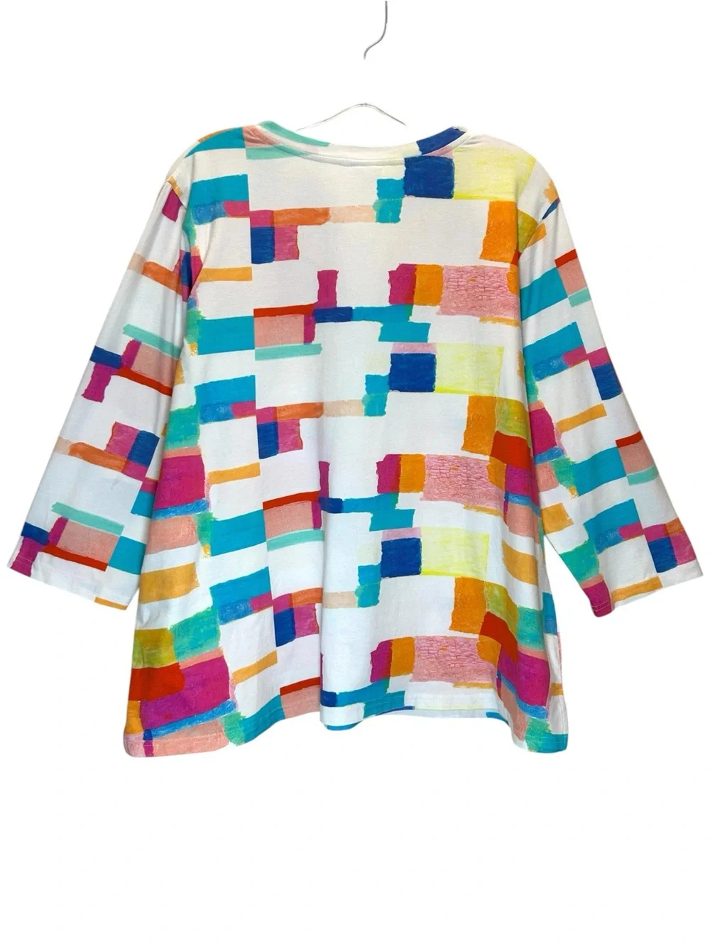 Parsley & Sage White Cotton Knit Tunic, Multicolored Geometric Design - Size 1X